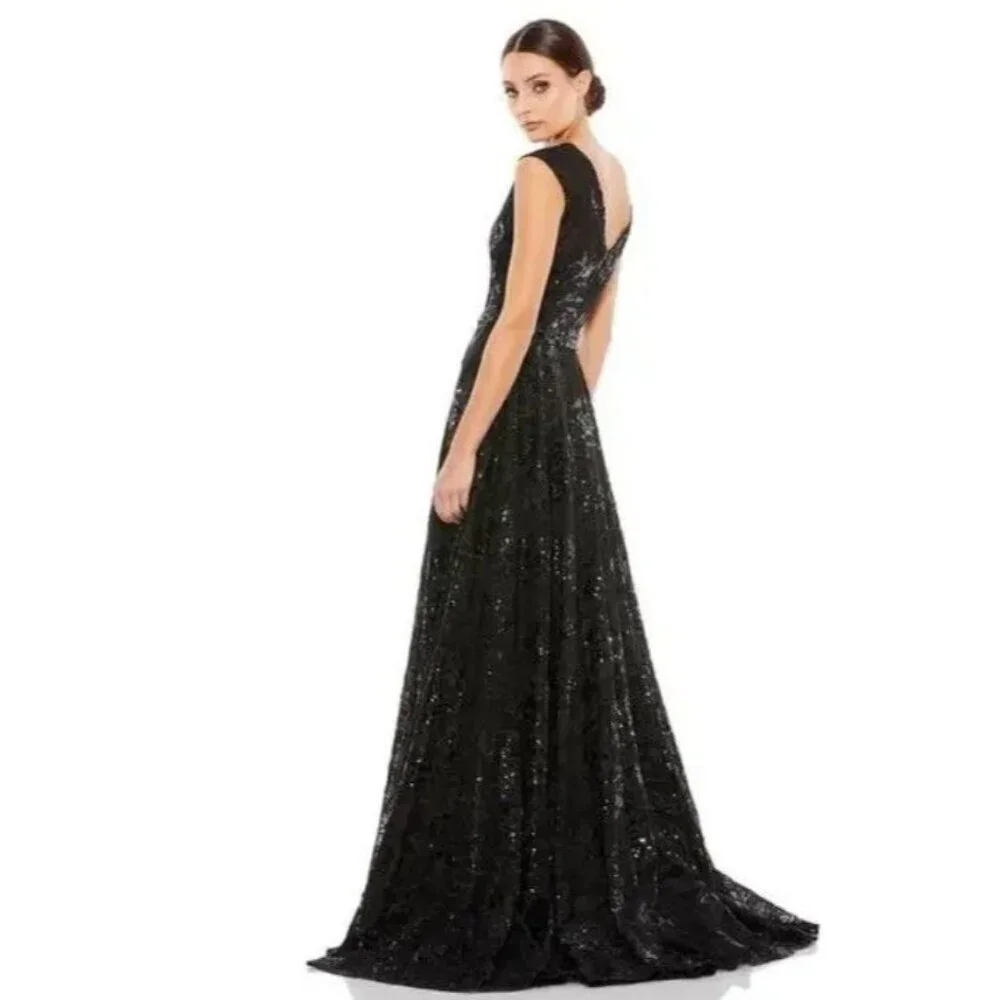 NWT Mac Duggal 12413 Embroidered Cap Sleeve A Line Black Floral Dress Size 12 - Picture 2 of 5